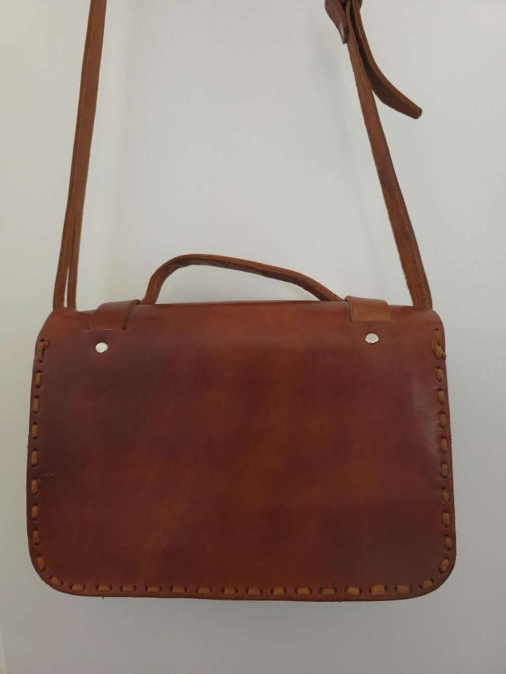 Mexican Handmade Brown Leather Crossbody Satchel Bag w/ Colorful Woven Accent - Picture 4 of 8